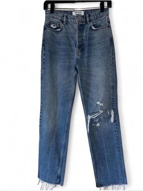 Reformation Blue Straight-Leg Jeans with Distressed Knee
